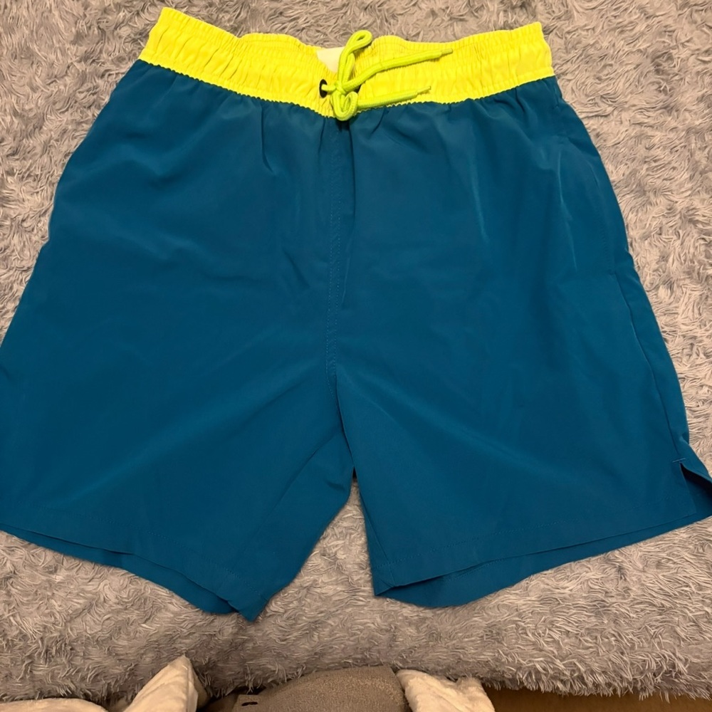 EUC Men's Blue Swim Shorts with Yellow Waistband Worn Once